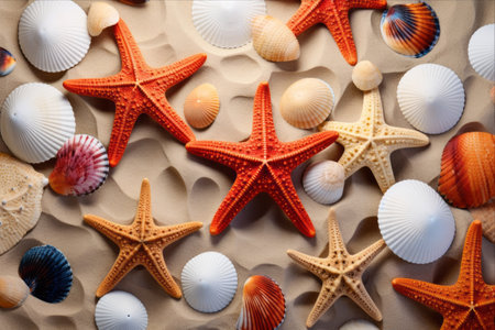 Exquisite Array of Starfish on the Sandy Shoreline: A Captivating Sight in Proportional Harmonyの素材