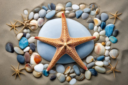Captivating Display: Stunning Starfish Amidst Pebbles on Sandy Shoresの素材