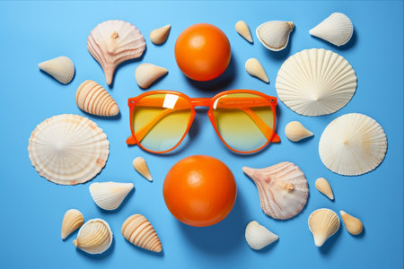 Sunny Splendors: Vibrant Beach Accessories and Sun-Kissed Fun amidst Orange Hues and Seashell Delights on a Blue Canvasの素材