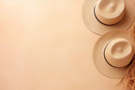 Serene Summer Vibes: A Breathtaking Beachscape with a Straw Hat and Headphones, Enjoying the Sand from Top View - AR 3:2の素材