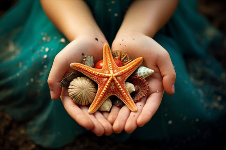 Exploring the Wonders of the Sea: Children's Hands and Starfishの素材