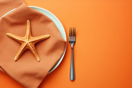 Under the Sea Elegance: Starfish Adorned Table Setting on Colorful Backgroundの素材