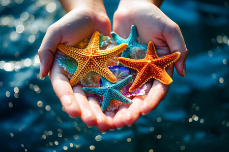 Captivating Moment: Girl's Enchanting Encounter with Colorful Starfish in Crystal Blue Summer Watersの素材