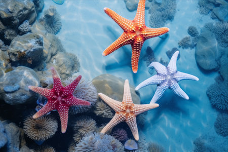 Captivating Sight: Exploring a Colorful Coral Reef with Five Tentacle Starfish in a Mesmerizing Underwater Photographの素材