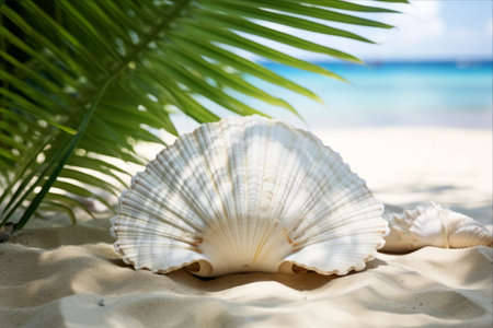 Tranquil Oasis: Palm Leaf Shadows on a White Sandy Beach With a Majestic Sea Shellの素材