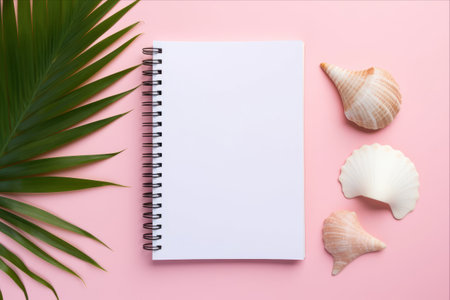 Seaside Serenity: Luxurious Summer Memories Captured in a Pink Background Flat Lay Notebook with Seashell Design -AR 3:2の素材