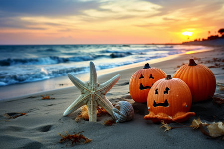 Enchanting Coastal Halloween: Sunset Beach Delights adorned with Pumpkins, Starfish, and Seashells in the Golden Twilightの素材