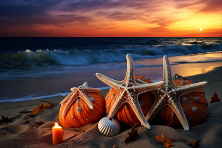 Enchanting Halloween Beachscape: Pumpkins, Starfish, and Seashells Embracing the Sea at Sunsetの素材