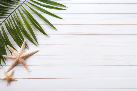 Seaside Serenity: A Nautical Oasis with Palm Leaf and Starfish on a White Wooden Canvasの素材