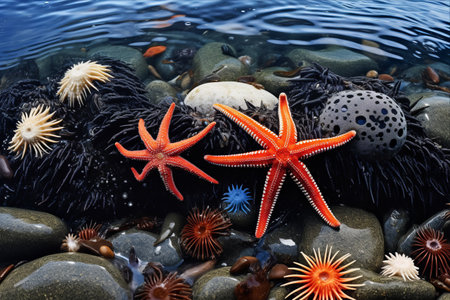 Colorful Marine Life: A Stunning View of Starfish, Urchins, and Turquoise Watersの素材