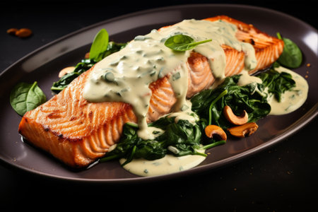 Savory Salmon Florentine: Baked Delight with Creamy Spinach Mushroom Sauceの素材