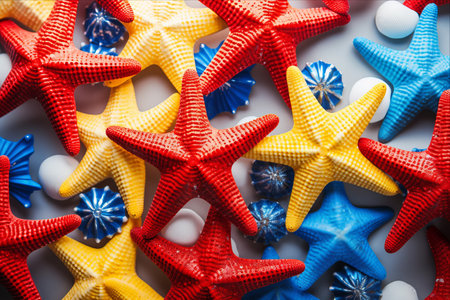 Radiant hues of blue, red, and yellow starfish dance upon a vibrant summer backdrop -- AR 3:2の素材