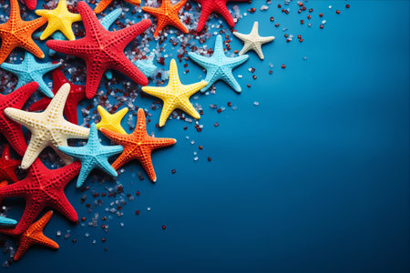 Vibrant Summer Seascape: Blue, Red, and Yellow Starfish on a Radiant 3:2 Backgroundの素材
