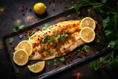 Zesty Lemon-Spiced Pangasius: A Culinary Delight on a Stone Canvasの素材