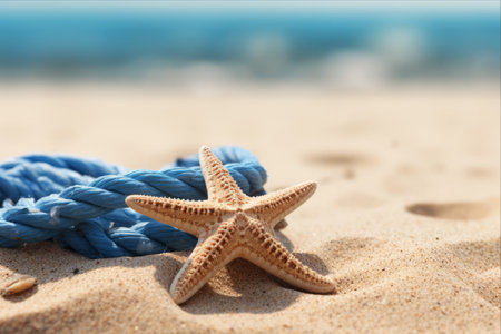 Surreal Beauty: A Blue Starfish and Rope Embrace the Sandy Shore - AR 3:2の素材