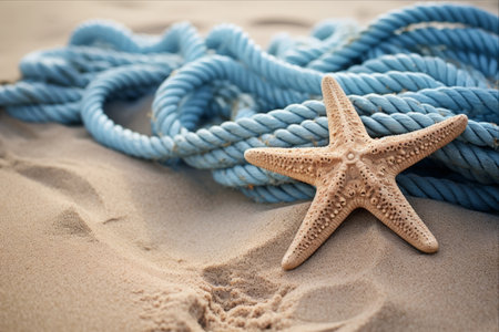 Serenity on the Shoreline: A Captivating Image of a Blue Starfish and Rope Resting on the Sandの素材