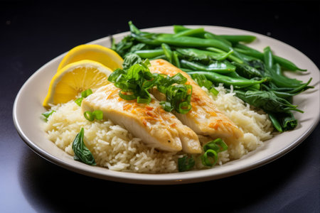 Deliciously Balanced: Baked White Fish Fillet with Wilted Spinach and Green Beans on a Bed of Riceの素材