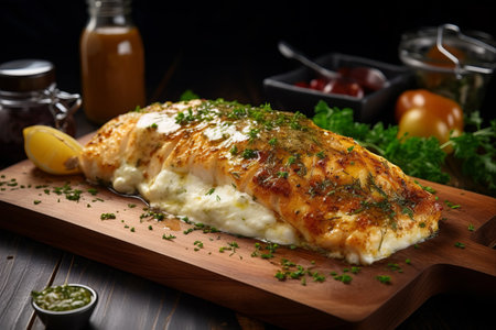 Exquisite Presentation: Cheesy Lemon Fish Delight Served on a Rustic Wooden Board accompanied by Customized Utensils - AR 3:2の素材