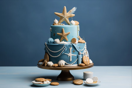 Under the Sea Delights: A Stunning Marine Themed Blue Wedding Cake with Gingerbread Fish, Number 2, and Gold Starfish & Shell Decorationsの素材