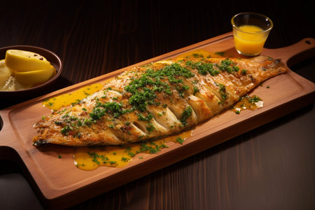 Cheesy Lemon Baked Fish Delight: A Rustic Presentation on a Wooden Board with Unique Appliancesの素材