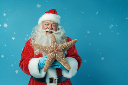 Santa's Seaside Surprise: A Starfish Adventure on a Shimmering Blue Backgroundの素材
