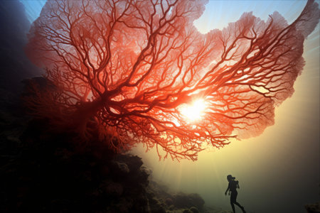 Majestic Harmony: The Enchanting Gorgonia Sea Fan and Silhouette of Underwater Explorersの素材