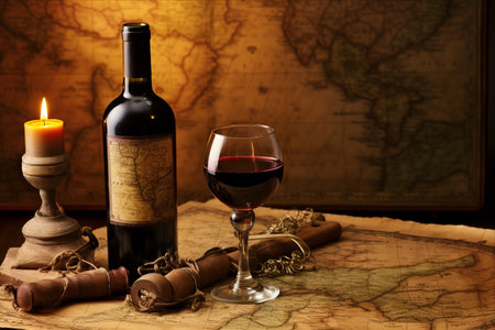 Vintage Charm: A Bottle and Glass of Wine Amidst Ancient Cartographic Treasuresの素材