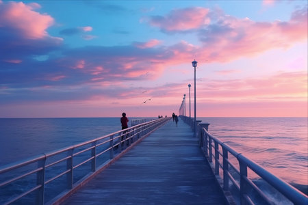Tranquil Seascape: Exploring a Serene Pier on a Windless Blue Eveningの素材