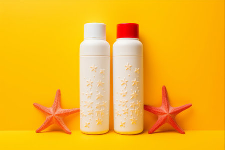 Sunny Delights: Vibrant Sunscreen Bottles and Playful Starfish on a Yellow Canvasの素材