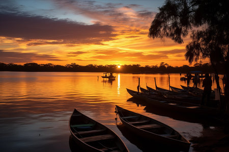 Spectacular Sunset Silhouettes: Canoes Docked at Grandiose Parag0 in Cachoeira, Bahia, Brazil (November 29, 2014)の素材
