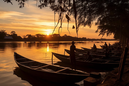 Spectacular Sunset Silhouette: Canoes Docked at Grandiose Parag2 in Cachoeira, Bahia, Brazil - November 29, 2014の素材