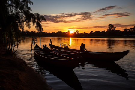 Serene Silhouette: Captivating Canoes at Sunset on the Paraguacu River in Cachoeira, Bahia, Brazilの素材