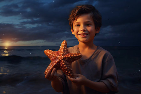 A Spark of Hope: A Boy's Encounter with a Starfish at the Seasideの素材