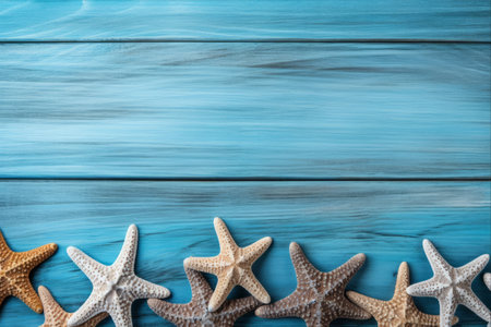 Rustic Charm: Old Weathered Blue Beach Wood Deck Embraces Several Starfishの素材