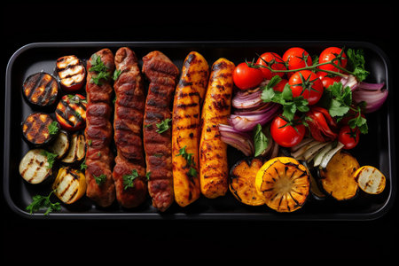 Sizzling Delights: A Mouthwatering Barbecue Medley of Grilled Meat, Fish, Sausages, and Vegetables, Captured from an Alluring Top View on a Sleek Black Background (AR 3:2)の素材