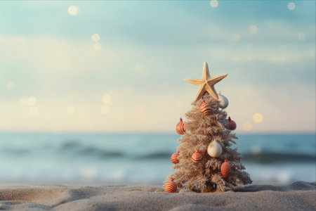 Coastal Christmas Delight: Captivating Small Seashell Christmas Tree Adorns Beach, Offering Ample Copy Space (AR 3:2)の素材