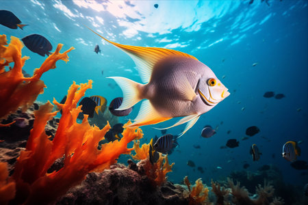 Tropical Paradise: A Glimpse of Batfish in Thailand's Clear Coral Reef Watersの素材