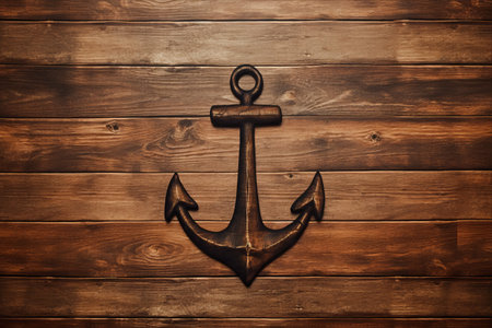 Vintage Nautical Charm: Brown Old Wooden Abstract Anchor on Wood Wall Backgroundの素材