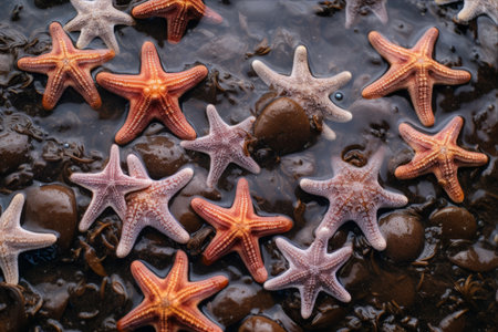 Captivating Images of Brown Sea Stars amidst Low Tide in Pulau Hantu, Singapore - A Visual Spectacle in 3:2 ARの素材