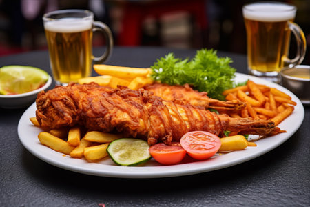Exploring the Flavors of Georgian National Cuisine in Batumi, Adjara: A Trio of Fried Red Mullet Fish, Satsivi, and French Fries - A Gastronomic Tale in 3:2 Ratioの素材