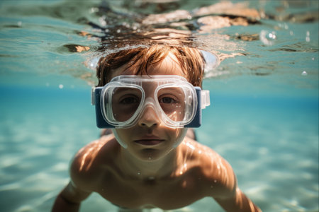 Serene Scene: A Child Emerges in Snorkel Mask, Enveloping the Warmth of Beachside Family Funの素材