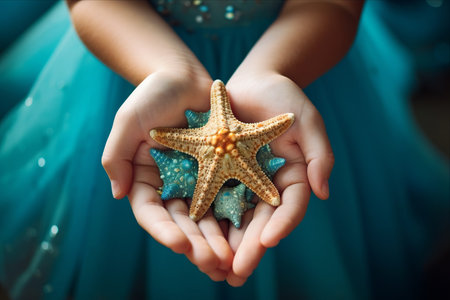 Capturing Wonder: Child's Hands Embrace the Beauty of a Starfish in 3:2 Artistic Displayの素材