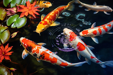 Majestic Koi: A Kaleidoscope of Colors Gracefully Gliding in the Enchanting Pondの素材