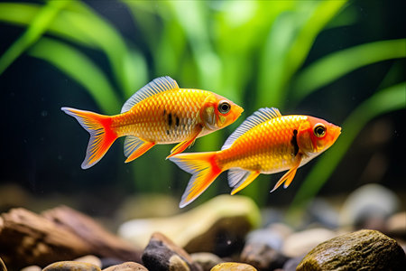 Gleaming Brilliance: Discover the Exquisite Golden Barbs (Schuberti Barb, Puntius Semifasciolatus) - Vibrant Orange Tropical Beautiesの素材