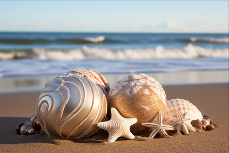 A Unique Coastal Christmas: Seashells and Christmas Balls on the Beachの素材