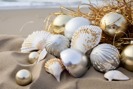 A Coastal Christmas Tale: Festive Ornaments Merge with Seashells, Embracing the Serenity of the Seaの素材