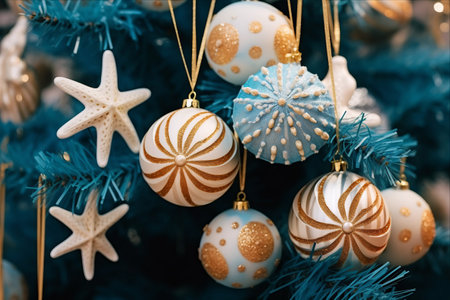 Shimmering Gold and Blue Christmas Decor with a Nautical Twist: Seashells and Ribbons Adorn the Treeの素材