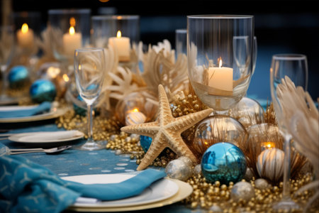 Beach-inspired Christmas Delight: Mesmerizing Blues and Golds with Seashells and Starfish Adorning the Festive Dinner Table --ar 3:2の素材