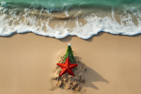 Beachside Delight: Embracing the Christmas Spirit with Decorated Tree, Star, and Waves - Unconventional Holiday Vacation Conceptの素材