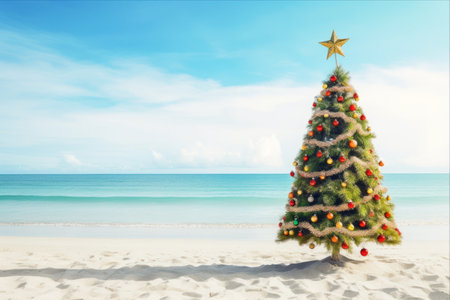 Tropical Paradise: Celebrating Christmas and New Year on a Stunning Beach with a Festive Christmas Treeの素材